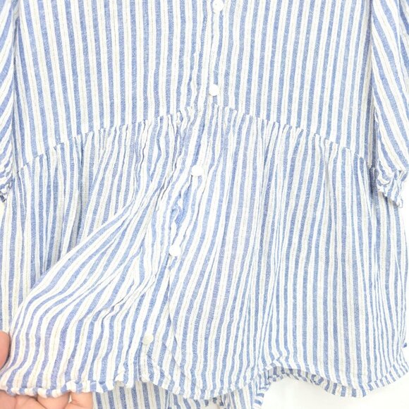 Cato White Blue Stripe Linen Flutter Sleeve Button Front Flowy Babydoll Top - Picture 2 of 5